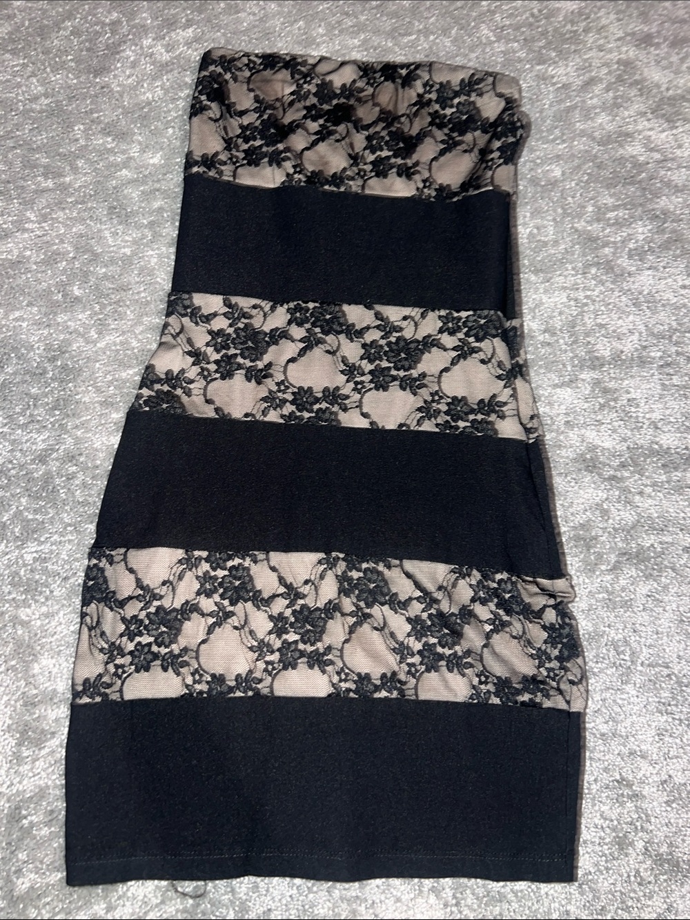 Striped Black and Beige Lace Mini Dress